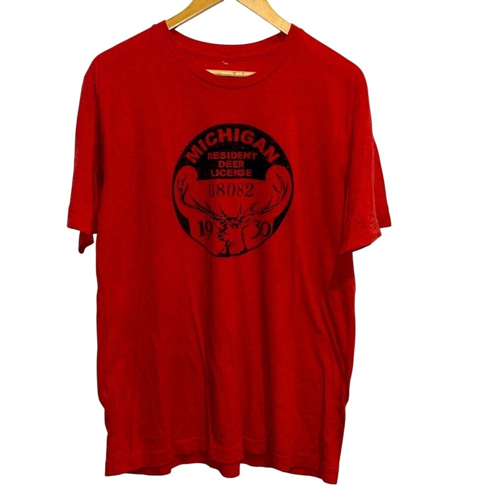Detroit Manufacturing Michigan Deer License Shirt Mens XL Red Excellent Hunting